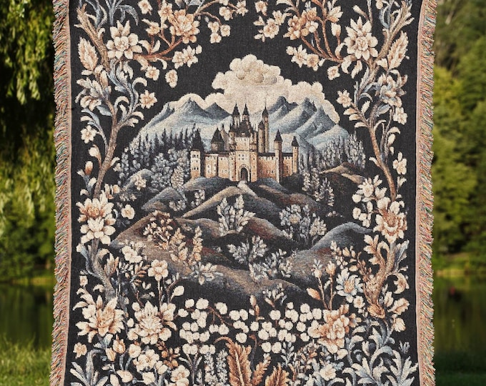 Medieval Castle Tapestry Blanket, Woven Floral Gothic Wall Art, Fantasy DnD Castle Decor, Fantasy Aesthetic Throw Blanket, DnD Lover Gift
