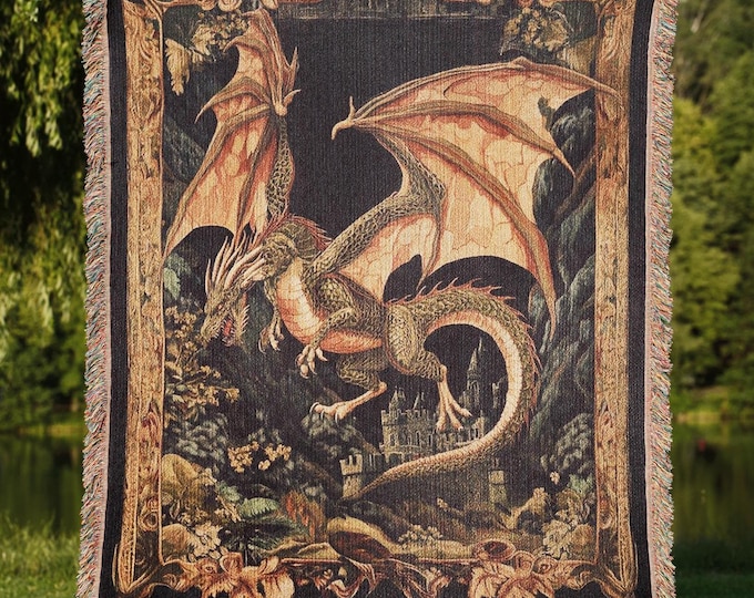 Dragon Woven Blanket, Cottagecore Dragon Kids Room Decor, Retro Fantasy Lover Gift Throw