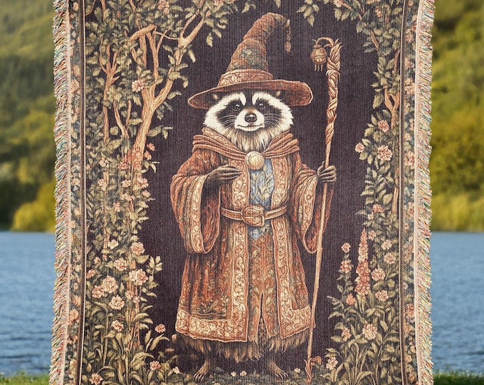Wizard Raccoon Woven Tapestry Blanket, Magical Home Decor