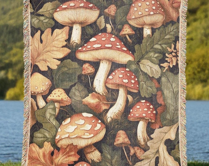 Mushroom Woven Tapestry Blanket, Retro Cottagecore Fungi Decor