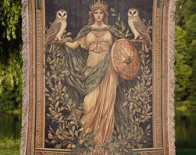 Athena Floral Woven Blanket, Cottagecore Greek Goddess Tapestry Home Decor, Vintage Gift Throw for Mythology Lovers