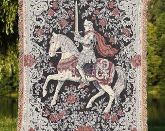 Medieval Knight Tapestry Blanket, Jacquard Woven Cotton, Made in USA