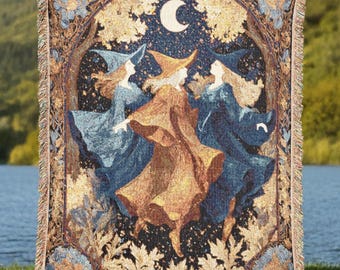 Celestial Witches Woven Blanket, Witchy Moon Dance Throw for Mystical and Fantasy Home Decor, Occult Gift for Her, Made in the USA