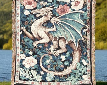 Dragon Tapestry Blanket, Gothic Floral Woven Throw