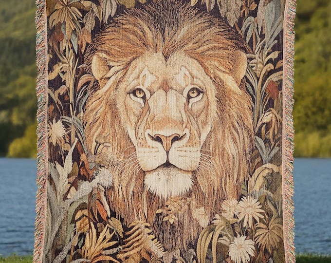 Floral Lion Woven Blanket, Wildlife Lover Home Decor Gift, Big Cat Decorative Wall Tapestry