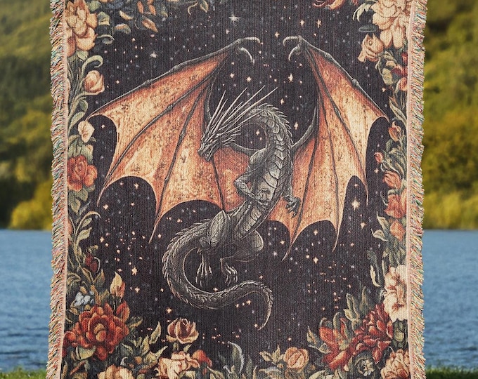 Medieval Dragon Woven Blanket, Fantasy Dragon Lover Gift, Gothic Home Decor Tapestry