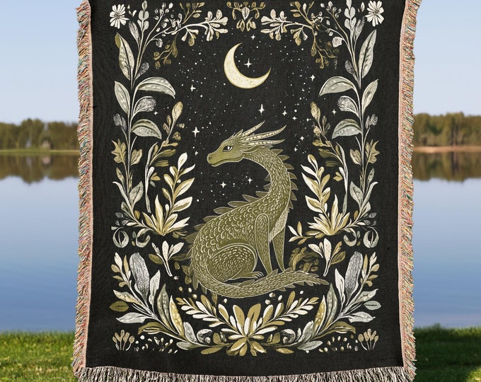 Dragon Woven Blanket, Celestial Dragon Kids Room Decor, Retro Fantasy Lover Gift Throw