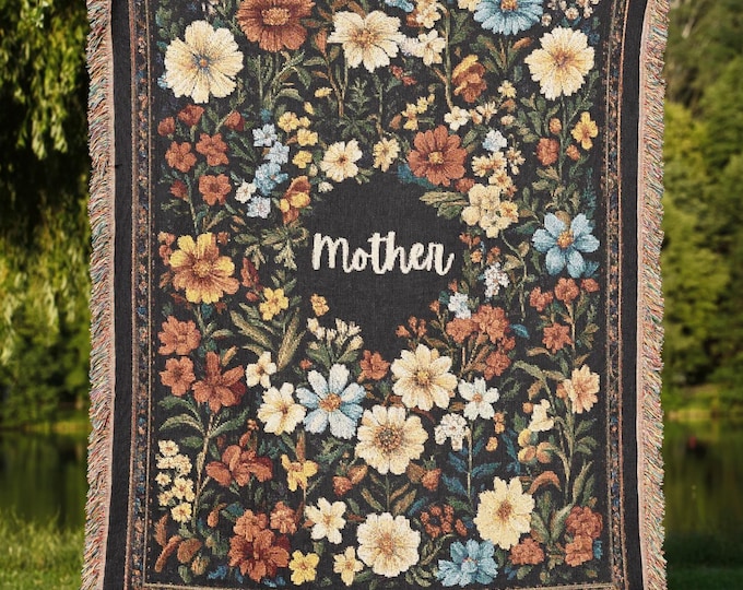 Mother Floral Tapestry Blanket – Woven Throw with Vintage Wildflowers, Cozy Gift for Mom, Mother’s Day Blanket, Rustic Cottagecore Decor
