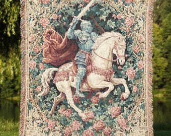 Medieval Knight Woven Blanket, Renaissance Fantasy Decor, Jacquard Cotton Tapestry, DnD Lover Gift, Warrior on Horseback, Made in USA
