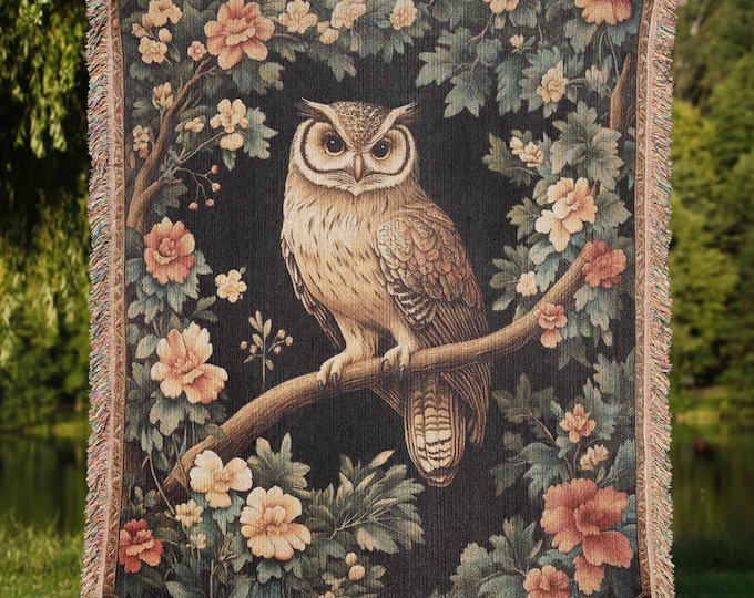 Horned Owl Woven Blanket, Bird Themed Kids Room Decor, Boho Owl Lover Gift Throw, Tapestry Gift for Owl Lovers