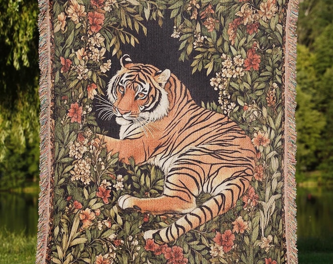 Tiger Woven Tapestry Blanket, Zoo Animal Cottagecore Home Decor, Floral Vintage Housewarming Gift for Tiger Lovers