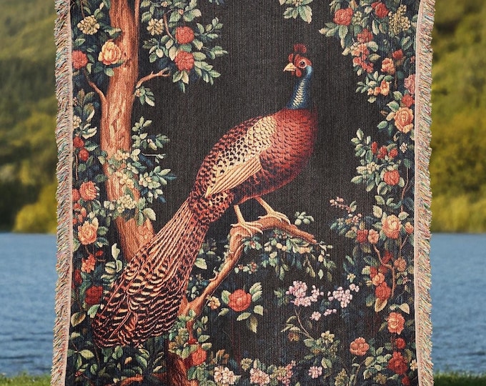 Golden Pheasant Woven Blanket, Floral Bird Tapestry Throw