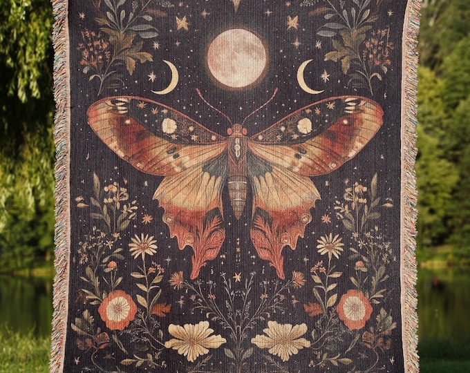 Woven Moth Blanket, Celestial Moon Tapestry, Cottagecore Throw