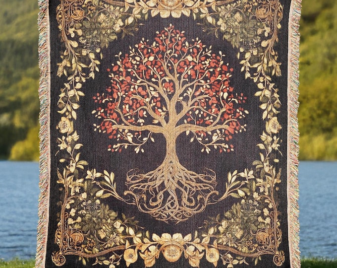 Yggdrasil Woven Tapestry Blanket, Cottagecore Norse Mythology Tapestry Home Decor, Vintage Gift Throw for Myth Lovers