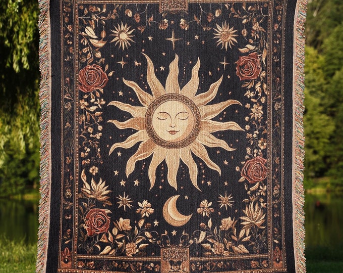 Sun and Moon Woven Cotton Blanket, Celestial Cottagecore Tapestry
