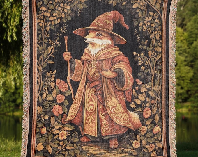 Wizard Fox Woven Blanket, Foxes Lover Medieval Woven Throw, Magical Fantasy Home Decor Tapestry