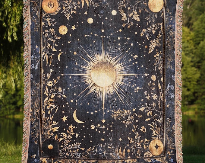 Celestial Sun and Moon Blanket, Ethereal Cottagecore Tapestry, Mystical Floral Throw, Artisan Botanical Wall Decor