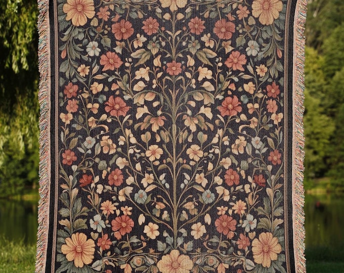 Floral Woven Throw Blanket, Cottagecore Sofa Decor, Premium Boho Tapestry Blanket, Decorative Couch or Bed Throw, Cottagecore Lover Gift
