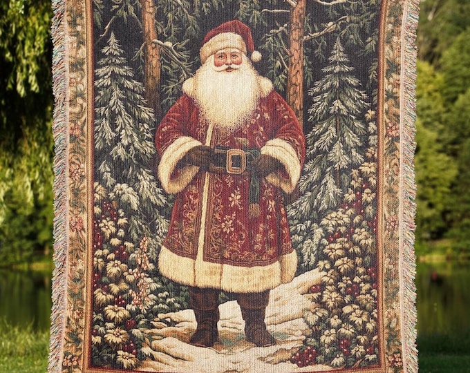 Santa Claus Woven Blanket, Christmas Tapestry Throw