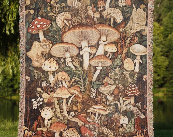 Botanical Mushroom Tapestry Blanket, Cottagecore Forest Fungi Wall Art, Woven Nature Lover Woodland Decor, Rustic Mushroom Lover Gift