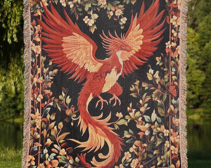 Red Phoenix Woven Blanket, Magical Cottagecore Throw