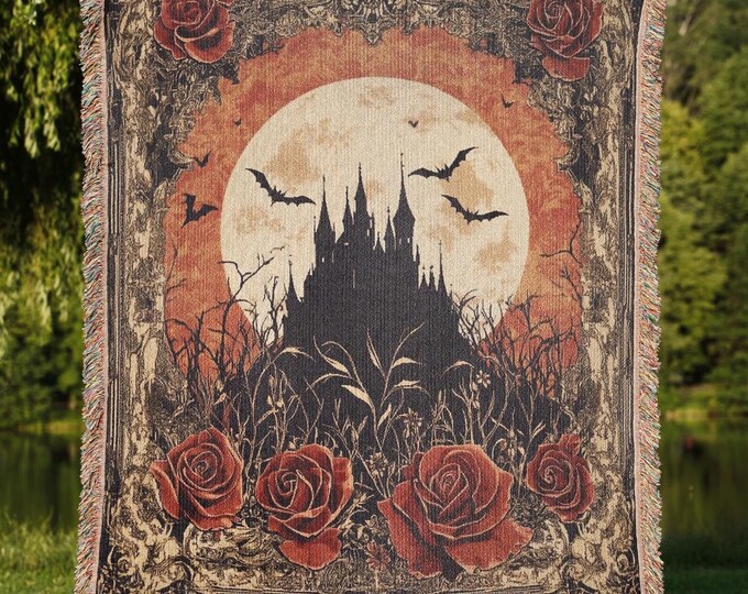 Vampire Castle Woven Blanket - Gothic Blood Moon Tapestry Throw
