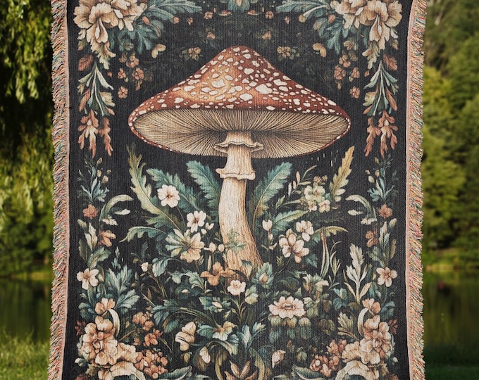 Botanical Mushroom Woven Blanket, Cottagecore Fungi Tapestry