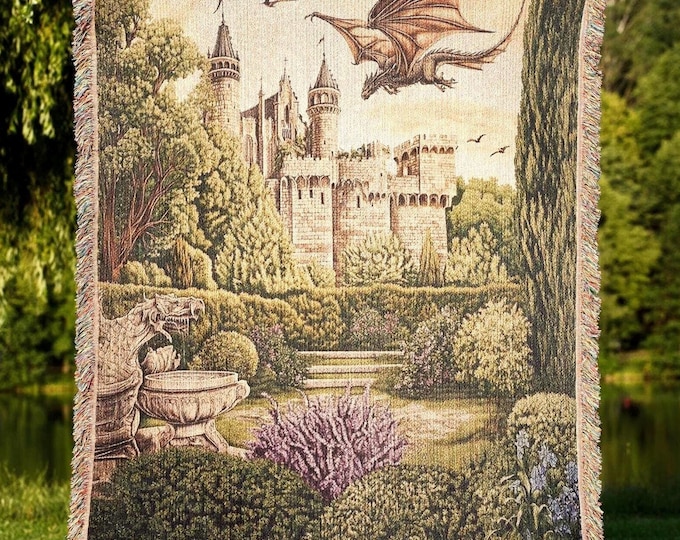 Medieval Garden Tapestry Blanket, Castle and Dragon Woven Throw, Dark Cottagecore Fantasy Wall Decor, Gift for Dragon Lovers