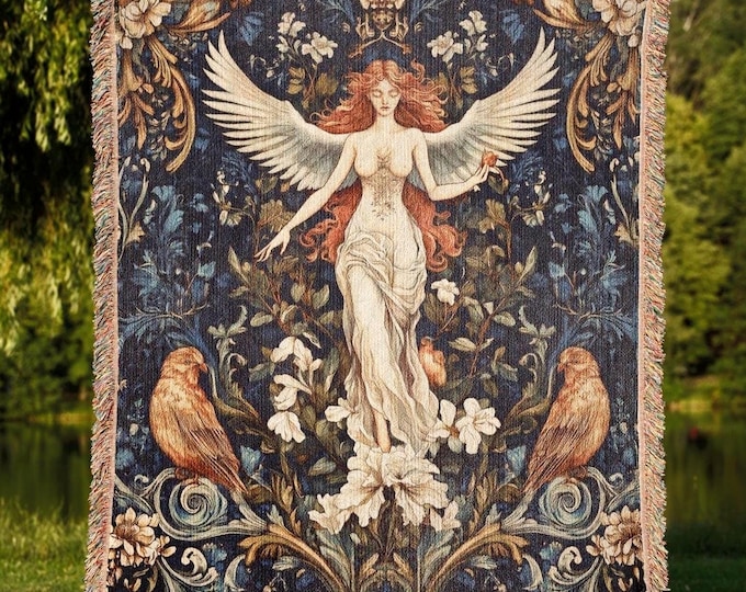 Aphrodite Floral Woven Blanket, Cottagecore Greek Goddess Tapestry Home Decor, Vintage Gift Throw for Mythology Lovers