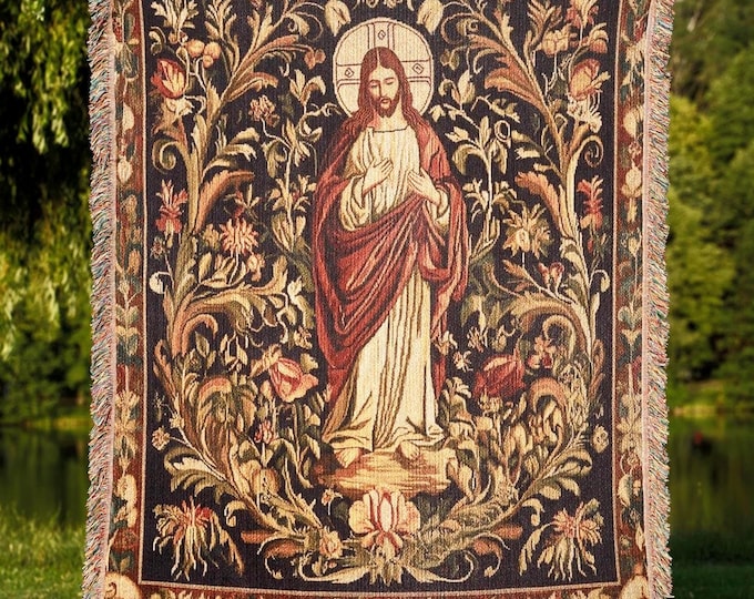 Jesus Floral Woven Blanket, Cottagecore Christ Tapestry Home Decor, Vintage Gift Throw for Christians