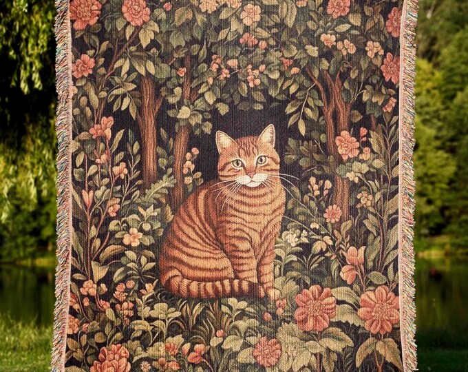 Woven Tabby Cat Tapestry Blanket, Cottagecore Floral Wall Hanging, 100% Cotton Yarn