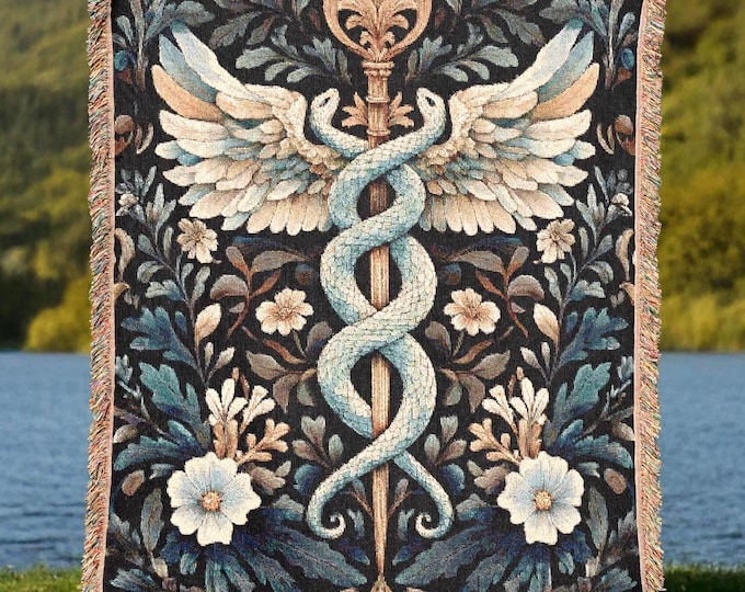 Caduceus Woven Blanket, Floral Greek God Hermes Throw, Cottagecore Decor