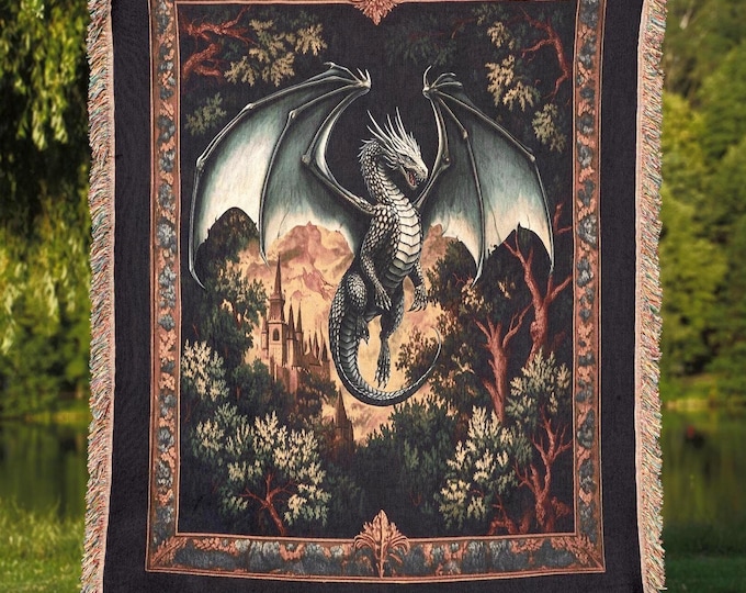 Woven Dragon Blanket, Fantasy Dragon Lover Gift, Gothic Fairytale Inspired Tapestry, Cottagecore Home Decor