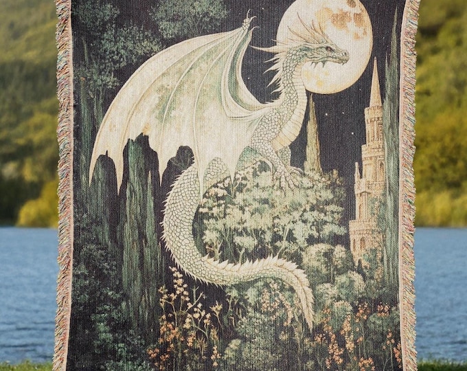 Woven Dragon Blanket, Medieval Fantasy Tapestry, Gothic Castle Decor