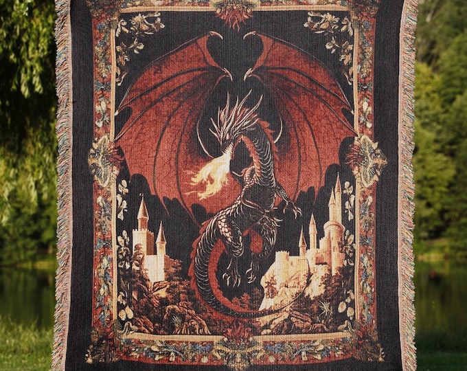 Medieval Dragon Woven Cotton Blanket, Gothic Fantasy Decor