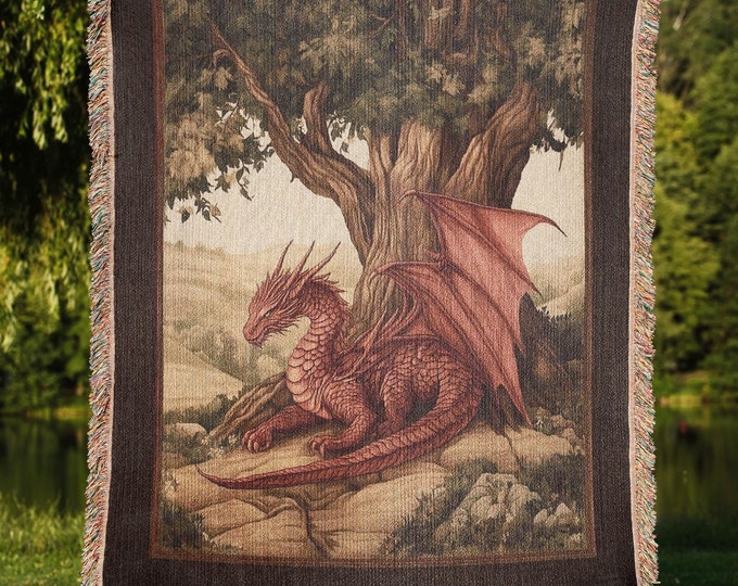 Medieval Dragon Blanket, Fantasy Dragon Lover Gift, Gothic Fairytale Inspired Decor, Cottagecore Woven Throw