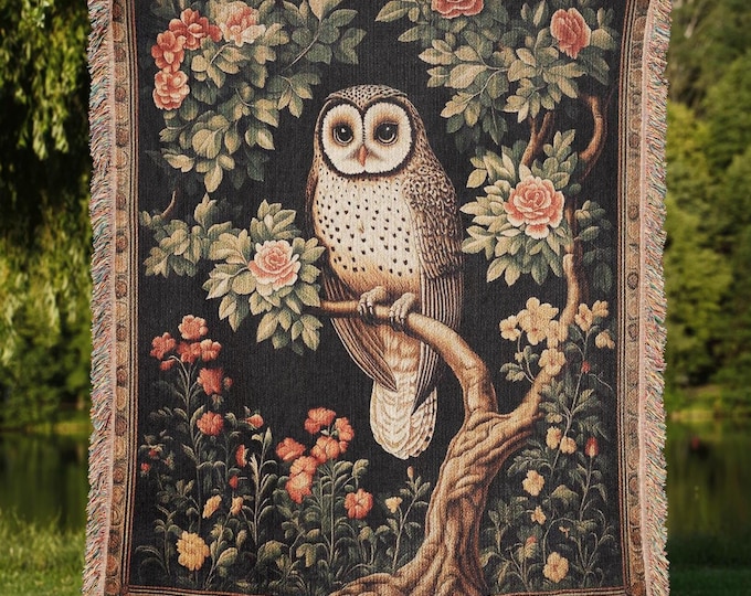 Barn Owl Woven Blanket, Bird Themed Kids Room Decor, Boho Owl Lover Gift Throw, Tapestry Gift for Owl Lovers