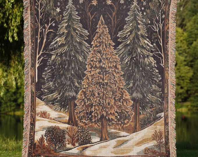 Winter Forest Tapestry Blanket, Cotton Jacquard Woven Throw, Christmas Tree Wall Hanging