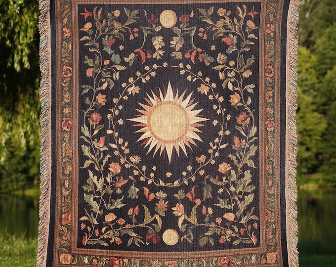 Celestial Sun and Moon Blanket, Cottagecore Floral Tapestry, Cosmic Decor, Ethereal Artisan Throw, Mystical Botanical Wall Art