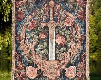 Sword in the Stone Woven Tapestry Blanket – Medieval Mythology Home Decor, King Arthur Gothic Floral Throw, Arthurian Legend, DnD Lover Gift