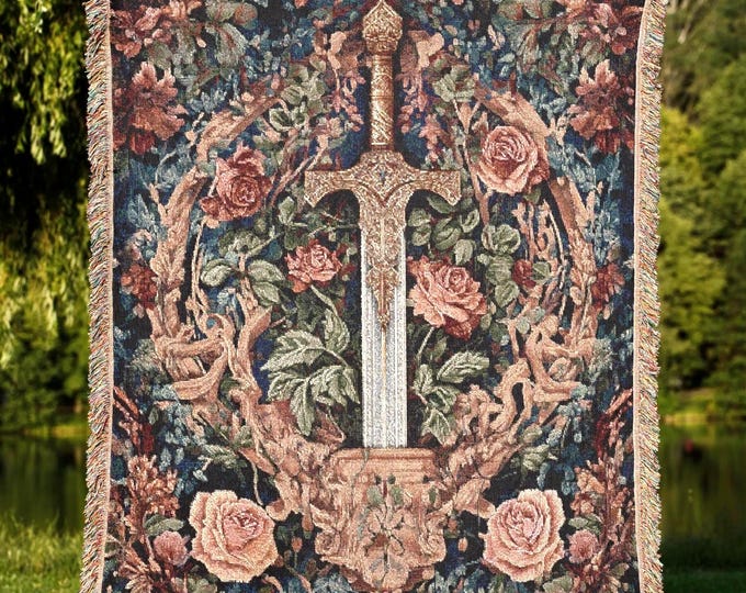 Sword in the Stone Woven Tapestry Blanket – Medieval Mythology Home Decor, King Arthur Gothic Floral Throw, Arthurian Legend, DnD Lover Gift