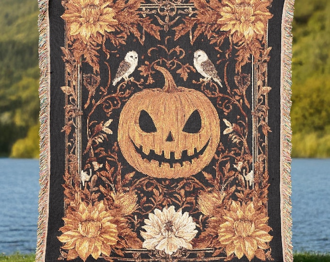 Halloween Pumpkin Tapestry Blanket – Jacquard Woven Throw with Jack-o'-Lantern, Owls & Sunflowers, Gothic Fall Decor, Spooky Autumn Blanket