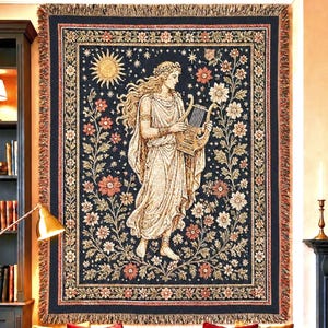 May include: A rectangular woven wall tapestry featuring a central figure in a flowing robe playing a lyre, surrounded by a floral border, a sun, and stars on a dark background. The tapestry has a fringed edge and a detailed, multi-colored design.