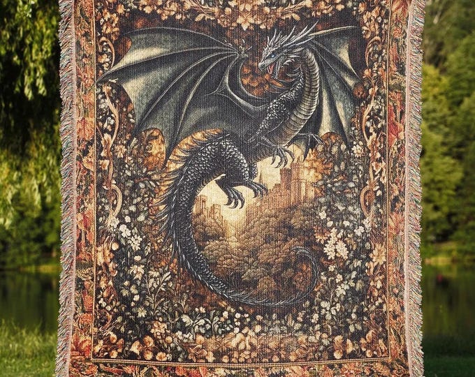 Medieval Dragon Blanket, Fantasy Dragon Lover Gift, Gothic Fairytale Inspired Decor, Cottagecore Woven Throw