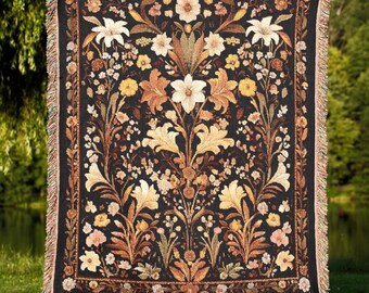 Dark Floral Woven Blanket, Vintage Wildflower Tapestry Throw, Gothic Cottagecore Decor
