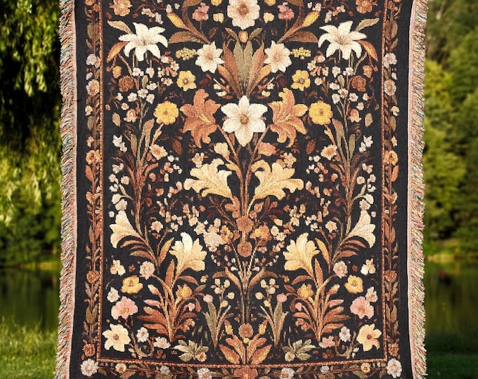 Dark Floral Woven Blanket, Vintage Wildflower Tapestry Throw, Gothic Cottagecore Decor