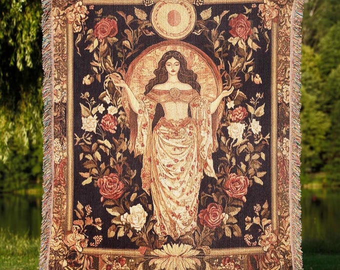 Persephone Floral Woven Blanket, 100% Cotton Tapestry Throw, Mythology Home Decor