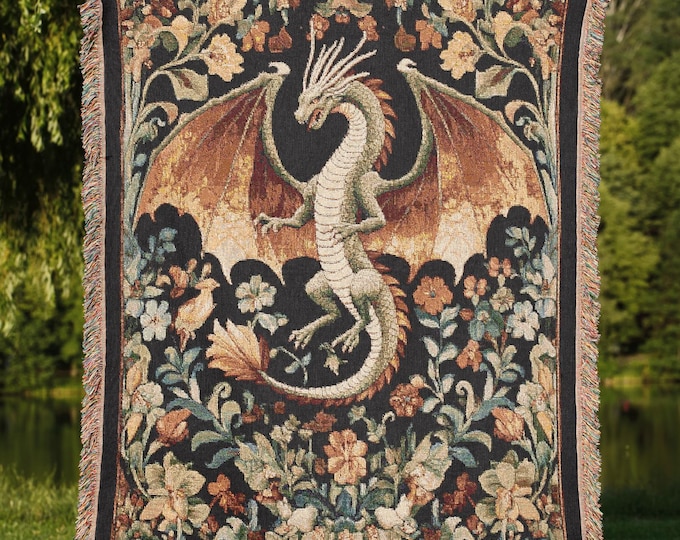 Dragon Woven Blanket, Bookish Kids Room Decor, Retro Fantasy Lover Gift Throw, DnD Lover Gift, Jacquard Tapestry for Dragon Lovers