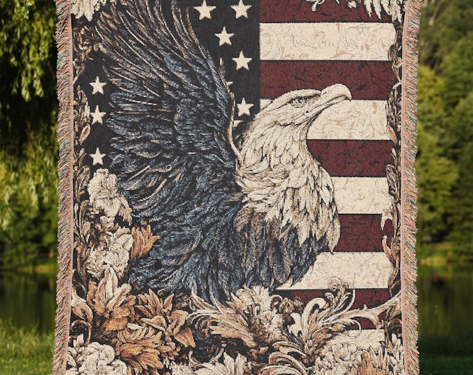 American Eagle Tapestry Blanket – Patriotic Jacquard Woven Throw with US Flag and Bald Eagle, Rustic Americana Decor, 4th of July Gift