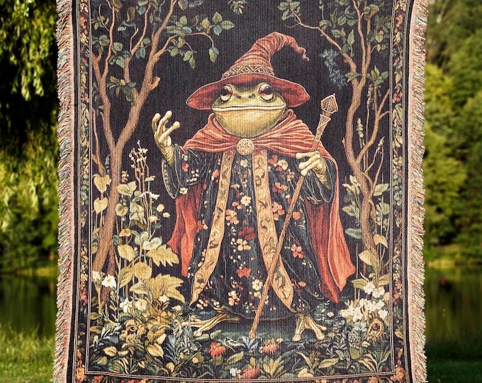 Wizard Frog Woven Blanket, Frog Lover Medieval Woven Throw, Magical Fantasy Home Decor Tapestry